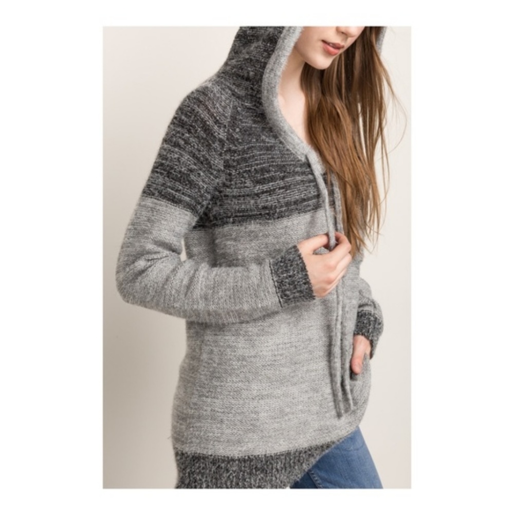 Soft Color Block Pullover Gray Hooded Sweater
